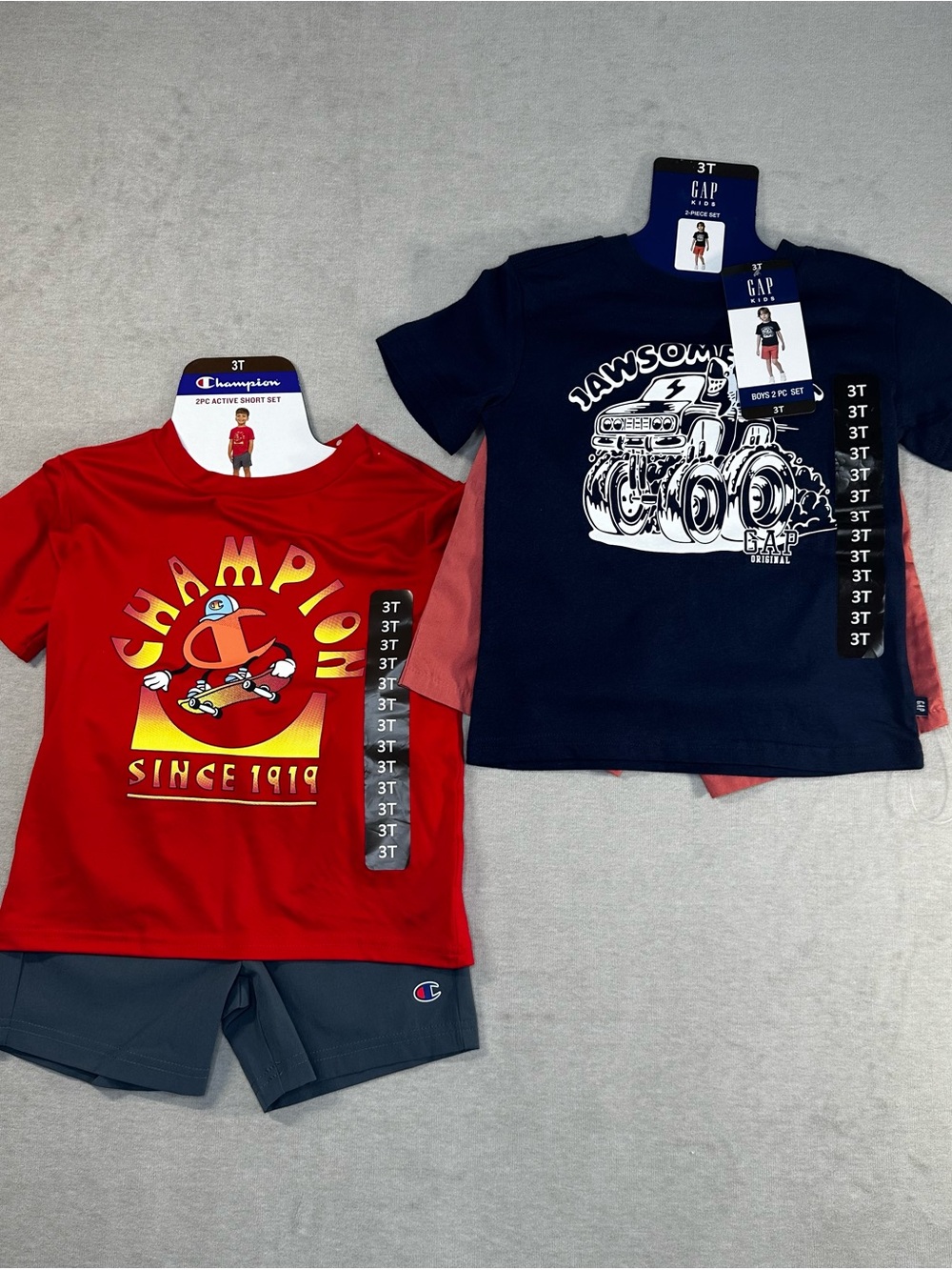 Champion Red and Gap Blue Graphic Tees Shorts Sets 3T